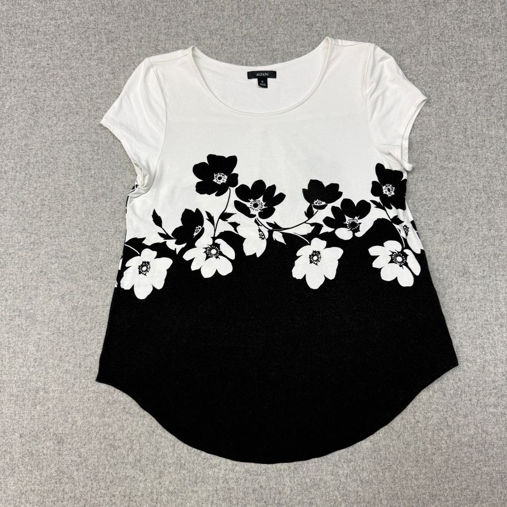 Alfani | Short Sleeve Top | Size M | Black White | Floral Colorblock Scoop Neck